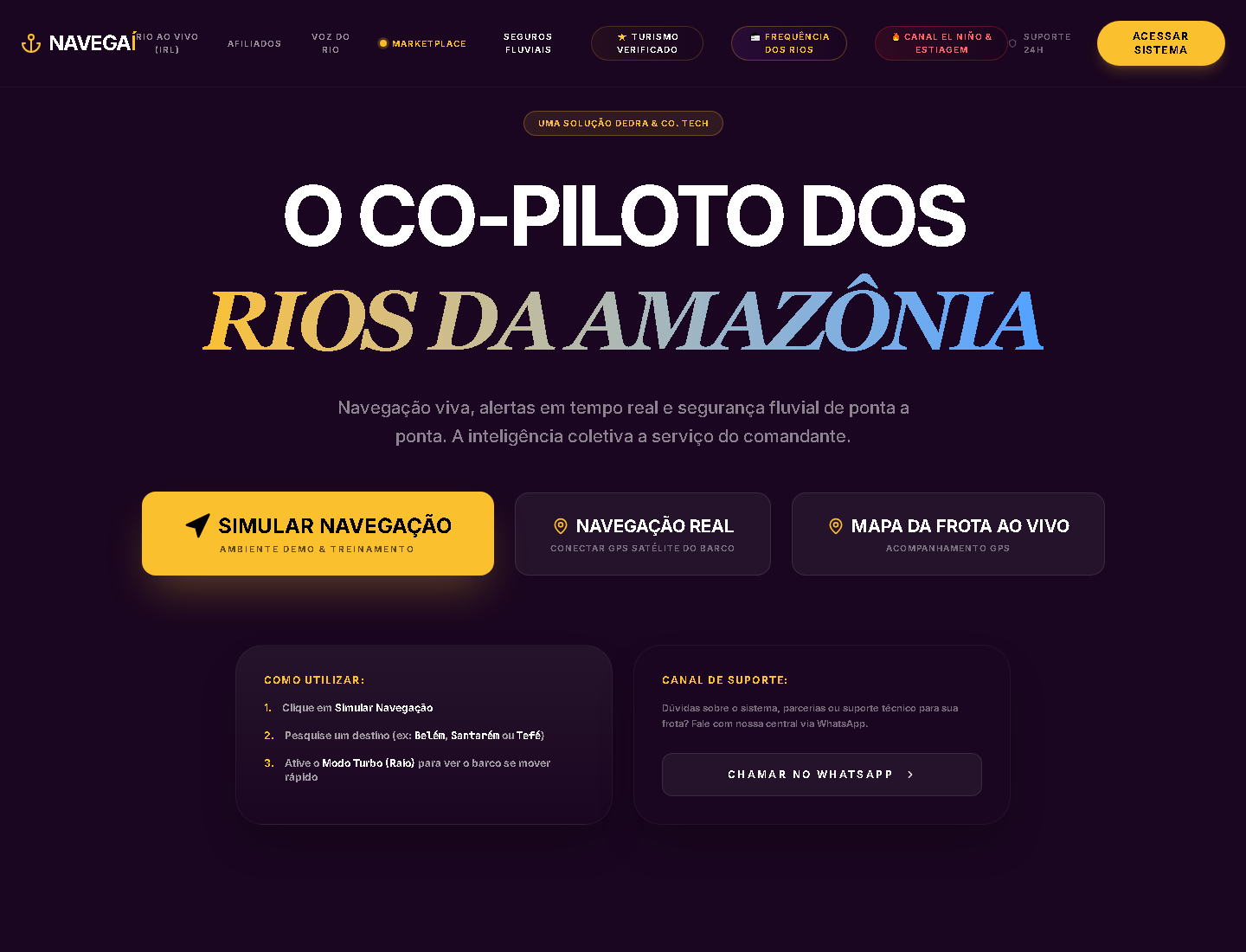 Captura autêntica da interface Navegaí O Co-Piloto dos Rios da Amazônia, com acessos para simulação, navegação real e mapa da frota